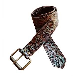 NEW JEWELRY JUNKIE women's tooled leather belt in turquoise and brown